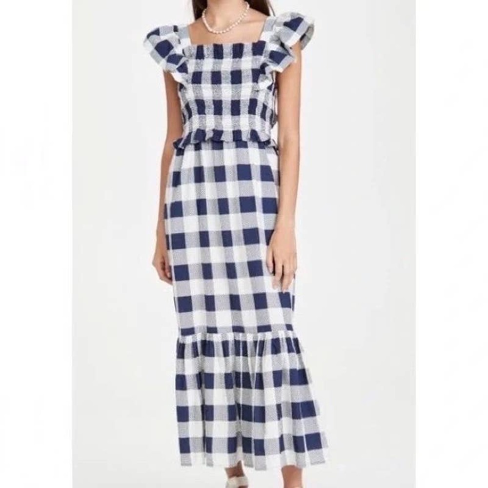 Sea New York Morgan Smock Dress Plaid Check Navy Blue Maxi Midi Size XL